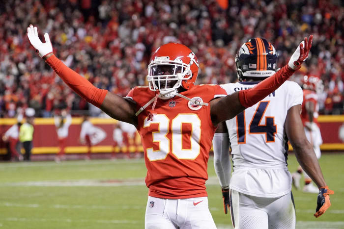 Dec 5, 2021; Kansas City, Missouri, USA; Kansas City Chiefs cornerback Deandre Baker (30) celebrates after a play against the Denver Broncos during the second half at GEHA Field at Arrowhead Stadium. Mandatory Credit: Denny Medley-USA TODAY Sports